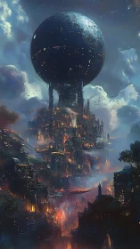 Colossal sphere hovers above burning vertical cyber city