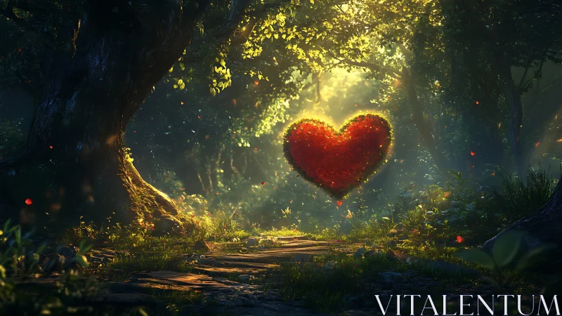 Heart Glows in Enchanted Forest Clearing.
