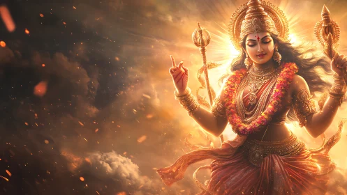Radiant Hindu goddess figure in golden divine light.