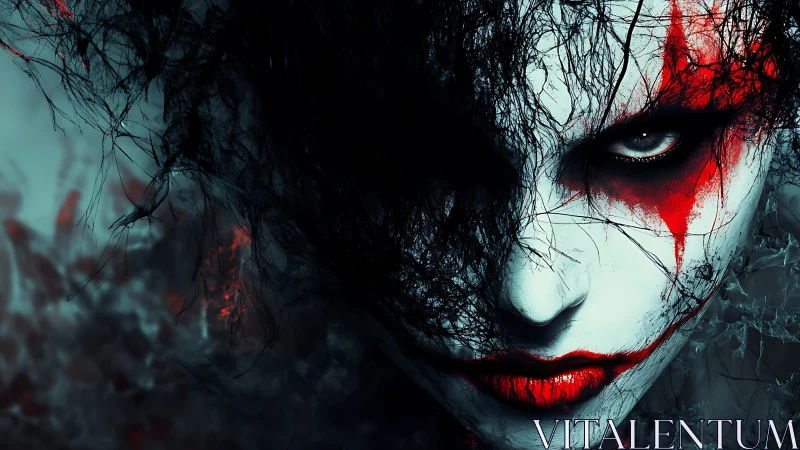 Monochrome harlequin face with asymmetric red smear and occluded eye