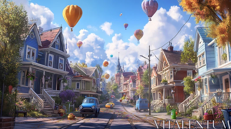 Colorful residential street shows hot air balloons drifting overhead