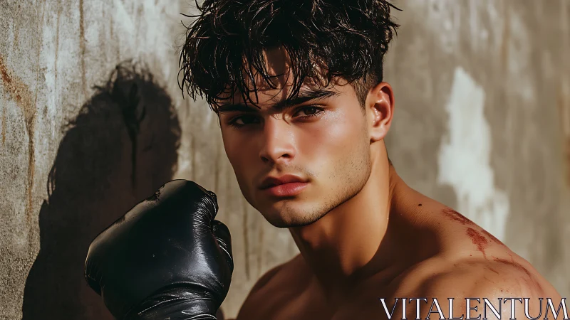 Male athlete positioned against concrete surface wearing boxing gloves