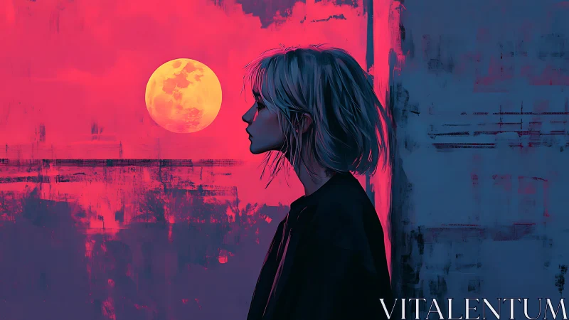 Neon dusk profile portrait under saturated magenta lunar sky