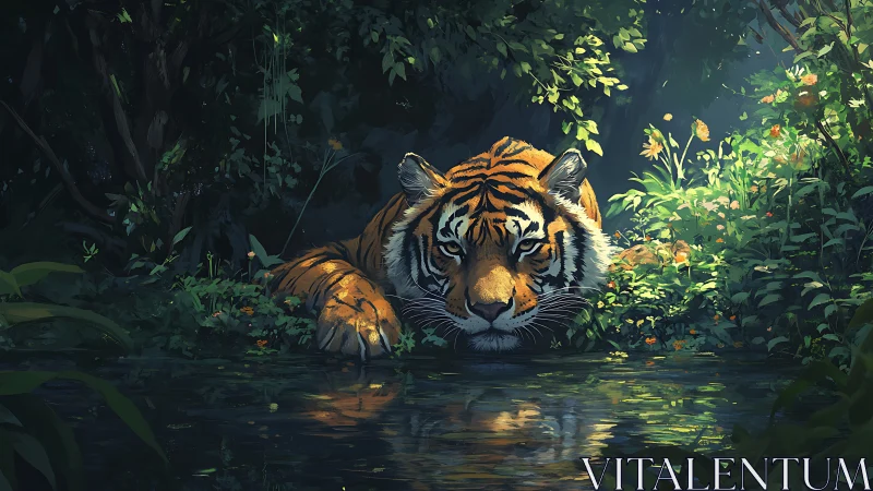 Tiger rests half-submerged in shaded jungle pool