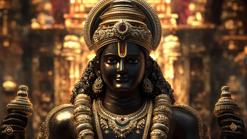 Radiant temple deity bathed in golden evening glow.