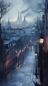 Foggy Parisian street with distant industrial towers.