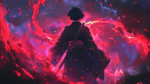 Lone swordsman with red energy swirl in stormy environment.