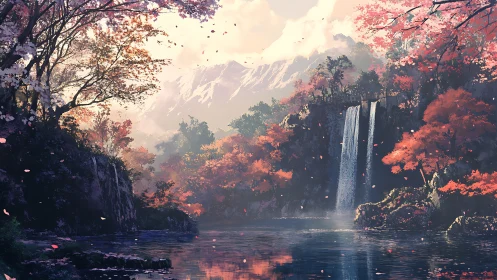 Waterfall cuts through forested canyon beneath distant mountains