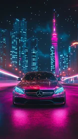 Cyberpunk coupe under neon vectors in night city grid.