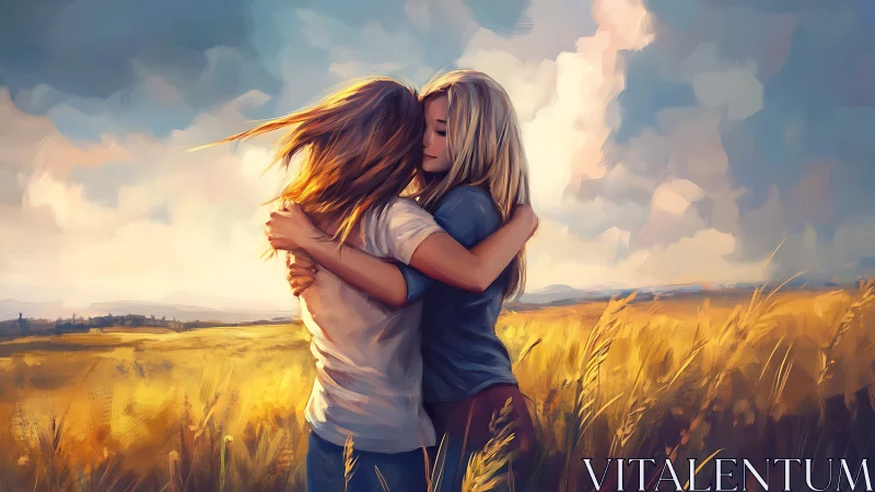 Two figures embrace in field during golden hour lighting