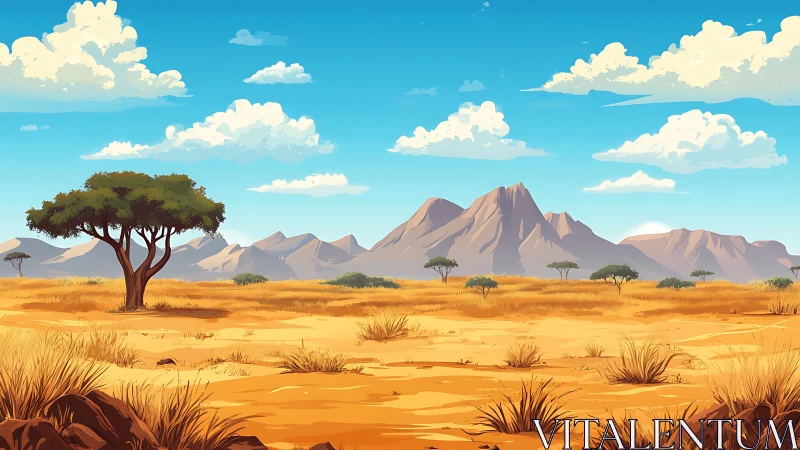 Sunlit savanna plain stretches toward distant rocky mountains