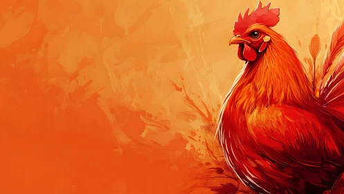Vibrant Red Rooster Against Warm Orange Background