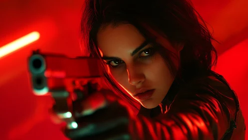 Intense gunfighter portrait in red cinematic lighting focus.