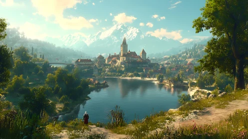 Sunlit lakeside village rests beneath towering snowy peaks