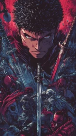 Brooding swordsman crowned in crimson warlight and fury.