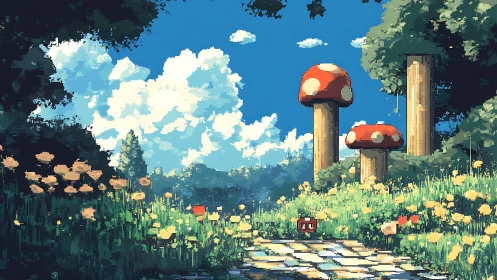 Pixel forest path leads to towering whimsical mushrooms
