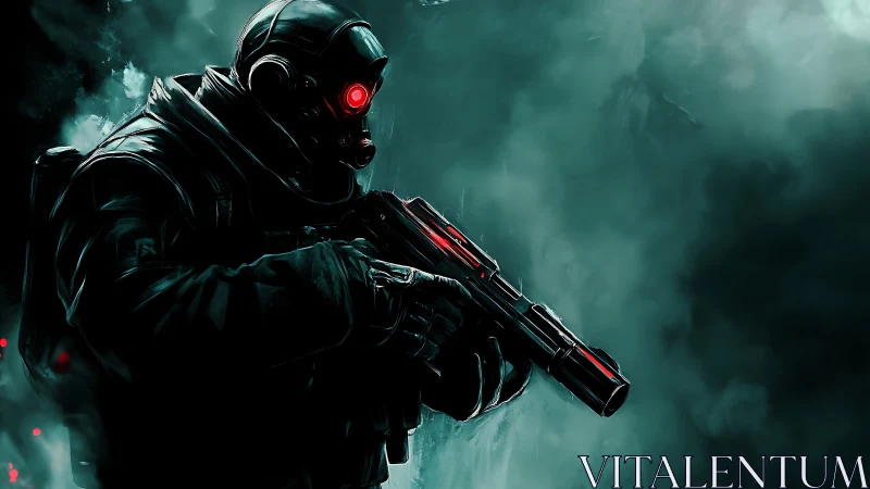 Tactical operative with red visor in cyan fog environment.