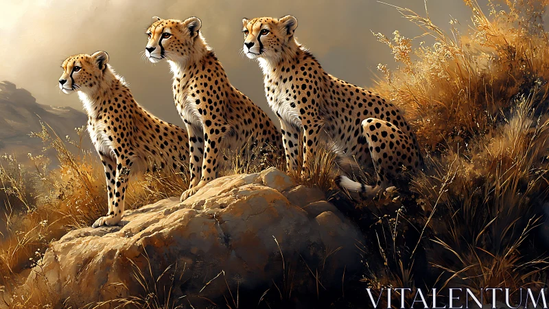 Three Cheetahs Stand Alert on Stone, Savanna Sentinels in Golden Light.