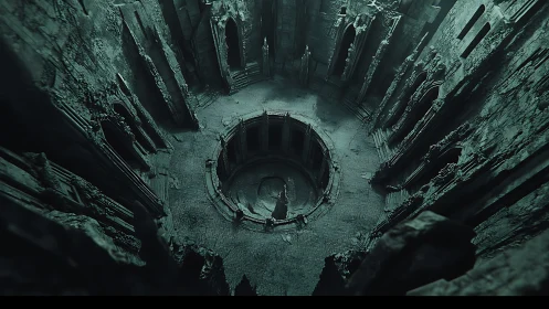 Ruined stone amphitheater curls inward toward a haunted abyss