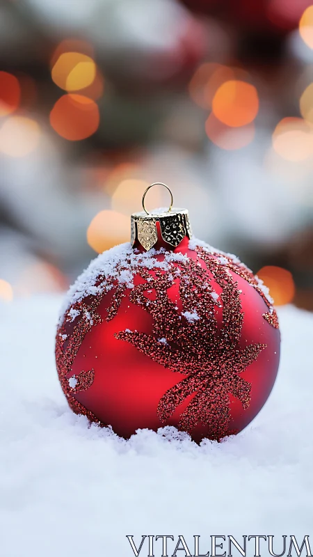 Red Christmas bauble rests in fresh snow, glowing bokeh light.