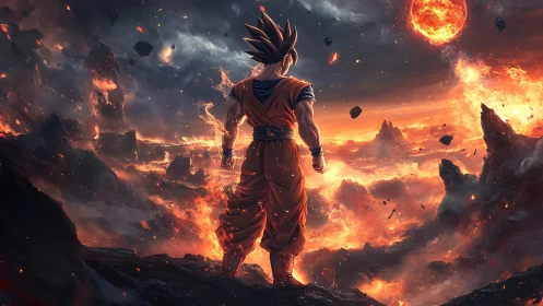 Volcanic energy warrior surveying apocalyptic firestorm horizon.