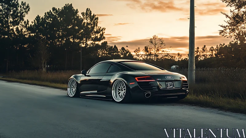 Black Audi R8 coupe parked on rural roadside at sunset.