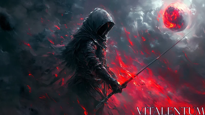 Hooded warrior with sword beside burning red orb.