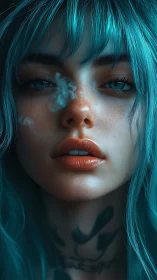 Hyper-detailed teal-haired portrait with volumetric smoke rendering