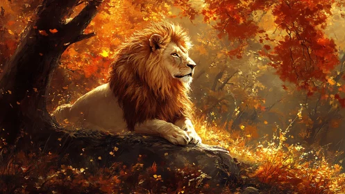 Regal lion reclining in radiant autumn forest light.