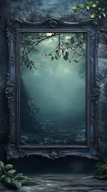 Ornate dark frame reveals misty forest passage beyond