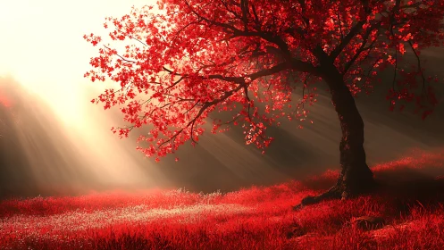Red-leaved tree in sunlit meadow with directional light beams.