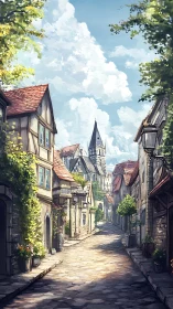 Sunlit cobblestone lane leads toward a quiet hilltop church