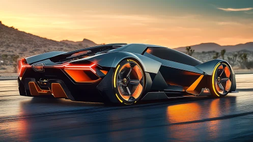 Futuristic supercar blazes across desert highway at sunset