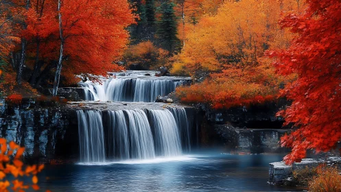 Tiered waterfall framed by vivid scarlet and amber foliage.