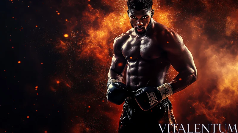 Photorealistic boxer amid inferno plume with high-contrast rim light.
