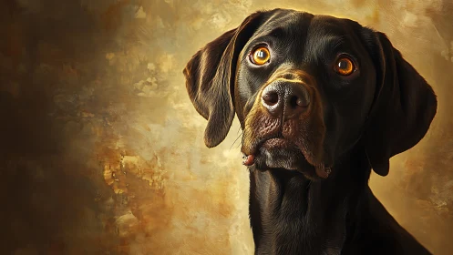 Black dog portrait with intense amber eyes on warm background.