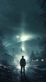 Solitary figure on wet street facing distant vertical light beam.