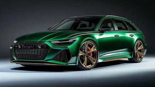 Emerald performance wagon with bronze wheels in studio.