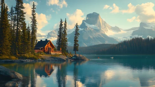 Lakeside log cabin under towering snowy mountain peaks.