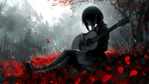 Girl with guitar sits in red leaf field under grey sky
