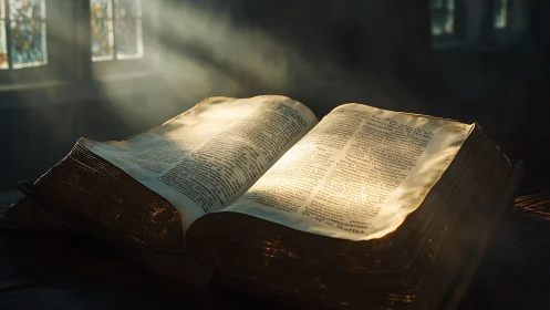 Dusty cathedral sunlight turns an ancient open book to gold