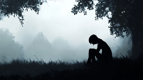 Silhouetted figure seated in misty forest clearing at dawn