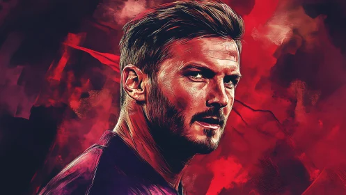 Intense male portrait rendered against abstract red storm