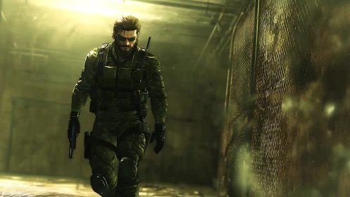 Stealth operative advancing through hazy industrial corridor.