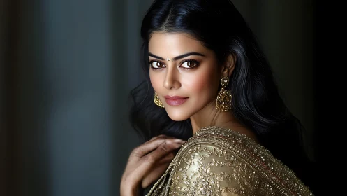 Woman in ornate gold saree with earrings, studio portrait.