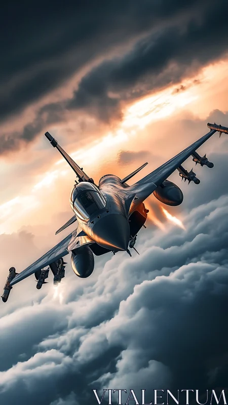 Modern fighter jet in flight above dense cloud layer at dusk.