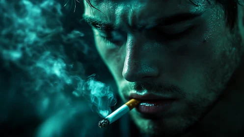 Close male face with cigarette and teal colored smoke present.