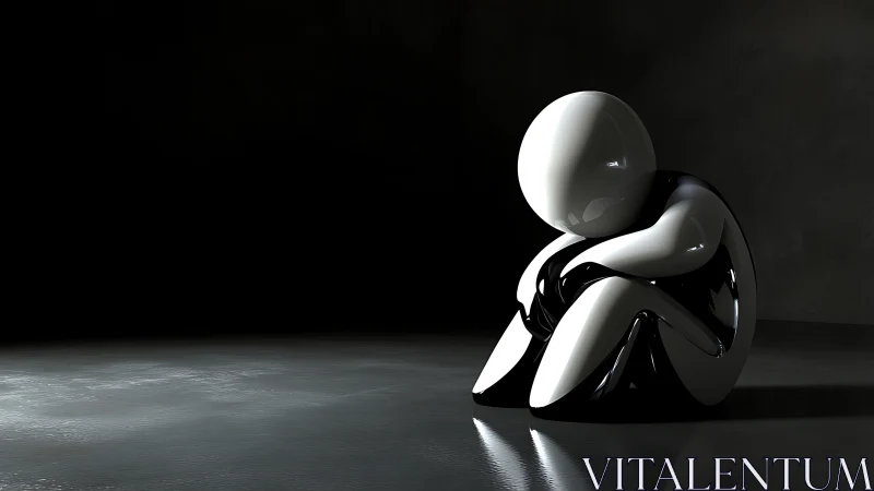 Solitary chrome figure curls inward on reflective floor