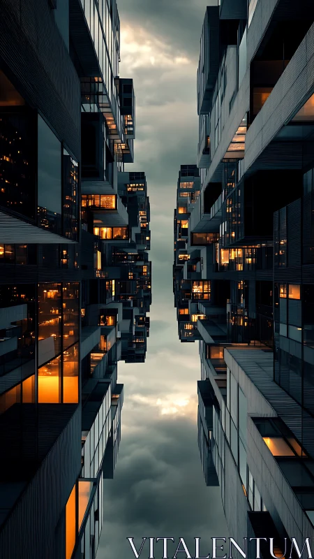 Symmetric highrise canyon frames stormy twilight sky