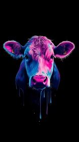 Neon bovine portrait with dripping effect on black field.